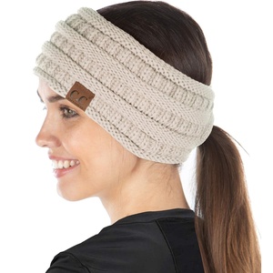 image:imageFunky Junque Womens Ponytail Headband  Soft Knit Winter Ear Warmer for Women Cable Knit Fleece Lined Head Wrap for Cold Weather  IvoryBeige