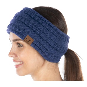image:imageFunky Junque Womens Ponytail Headband  Soft Knit Winter Ear Warmer for Women Cable Knit Fleece Lined Head Wrap for Cold Weather  IvoryDark Denim