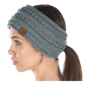 image:imageFunky Junque Womens Ponytail Headband  Soft Knit Winter Ear Warmer for Women Cable Knit Fleece Lined Head Wrap for Cold Weather  IvoryDove Grey