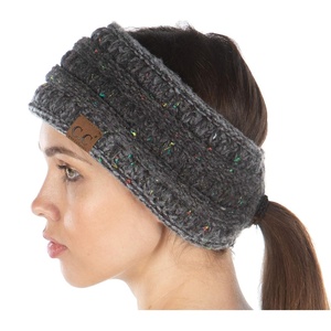 image:imageFunky Junque Womens Ponytail Headband  Soft Knit Winter Ear Warmer for Women Cable Knit Fleece Lined Head Wrap for Cold Weather  IvoryGrey  Variegated Confetti