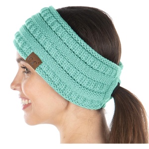 image:imageFunky Junque Womens Ponytail Headband  Soft Knit Winter Ear Warmer for Women Cable Knit Fleece Lined Head Wrap for Cold Weather  IvoryMint