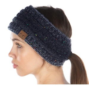 image:imageFunky Junque Womens Ponytail Headband  Soft Knit Winter Ear Warmer for Women Cable Knit Fleece Lined Head Wrap for Cold Weather  IvoryNavy  Variegated Confetti