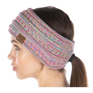 image:imageFunky Junque Womens Ponytail Headband  Soft Knit Winter Ear Warmer for Women Cable Knit Fleece Lined Head Wrap for Cold Weather  IvoryPink  Yellow  Hot Pink  Teal  4 Tone Mix