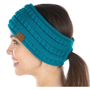 image:imageFunky Junque Womens Ponytail Headband  Soft Knit Winter Ear Warmer for Women Cable Knit Fleece Lined Head Wrap for Cold Weather  IvoryTeal