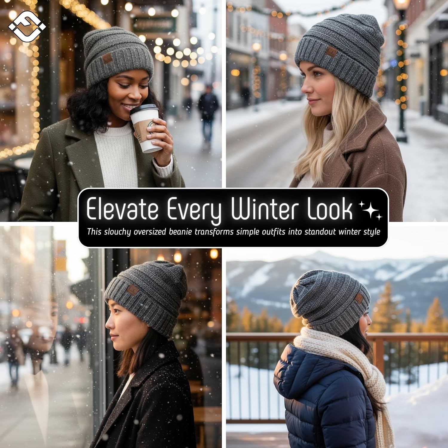 image:imageFunky Junque Slouchy Beanie for Women Winter Hat Warm Slouch Oversized Soft Chunky Cable Knit Beanies for Cold WeatherA Graphite Grey Tricolor Mix