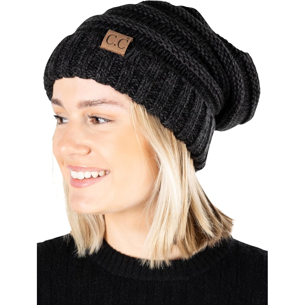 image:imageFunky Junque Slouchy Beanie for Women Winter Hat Warm Slouch Oversized Soft Chunky Cable Knit Beanies for Cold WeatherAn Onyx Black Tricolor Mix