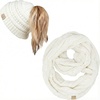 image:imageFunky Junque Girls Winter Hat amp Scarf Sets  Pom Beanie Ponytail Beanies or Headband with Matching Infinity Scarf Ages 15Ivory  Beanie Tail  Scarf