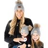 image:imageFunky Junque Mommy amp Me Double Pom Beanies 3Pack Matching Winter Hats for Mom Toddler amp Infant Girls Cozy Knit Family SetDiagonal Basketweave  Heather Grey