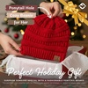 image:imageFunky Junque Ponytail Beanie for Women  Winter Hat Soft Stretch Cable Knit High Pony Tail Womens Running HatsRed