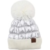 image:imageFunky Junque Womens Luxury Puffer Beanie  Fleece Lined with Soft Down Pom  Shiny Metallic Knit Winter HatSilverIvory Cuff Pom