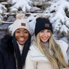 image:imageFunky Junque Womens Pom Pom Beanie  Soft Knit Winter Hats for Women amp Teens Warm Fashionable Beanie with Faux Fur PomsDiagonal Stripes  Light Beige