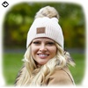 image:imageFunky Junque Womens Pom Pom Beanie  Soft Knit Winter Hats for Women amp Teens Warm Fashionable Beanie with Faux Fur PomsDiagonal Stripes  Light Beige
