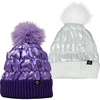 image:imageFunky Junque Shiny Puffer Knit Toddler Winter Hat Beanie with Faux Fur PomPom Fleece Lined Ages 252 Pack White  Purple