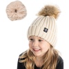 image:imageFunky Junque Toddler Winter Hat with Detachable Pom Poms Warm Knitted Beanie Cap Stretchy Fit for Girls and Boys Ages 16Beige