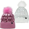 image:imageFunky Junque Womens Puffer Beanie  Stylish Fleece Lined Waterproof Winter Hat with Faux Fur Pom Pom Trendy Cozy Accessory2 Pack Pink  White