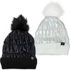 image:imageFunky Junque Womens Puffer Beanie  Stylish Fleece Lined Waterproof Winter Hat with Faux Fur Pom Pom Trendy Cozy Accessory2 Pack White  Black