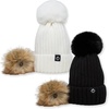 image:imageFunky Junque Womens Winter Detachable Pom Beanie  Warm Knit Hat with Removable Faux Fur Pom Soft Stretch Acrylic Cozy Cap2 Pack  Black  Ivory