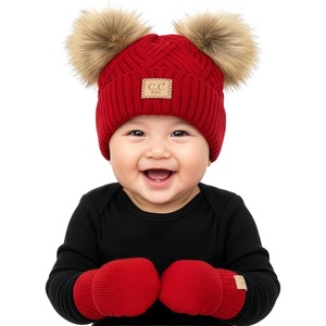 image:imageFunky Junque Baby Double Faux Fur Pom Pom Beanie amp Mittens Set  Newborn Infant 09 Months Winter Hat with Soft Lined MittensDiagonal Basketweave Red 09 Months