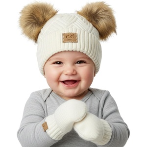 image:imageFunky Junque Baby Double Faux Fur Pom Pom Beanie amp Mittens Set  Newborn Infant 09 Months Winter Hat with Soft Lined MittensDiagonal Basketweave White 09 Months