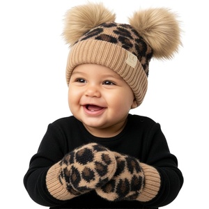 image:imageFunky Junque Baby Double Faux Fur Pom Pom Beanie amp Mittens Set  Newborn Infant 09 Months Winter Hat with Soft Lined MittensLeopard Latte W Leopard Mittens 09 Months