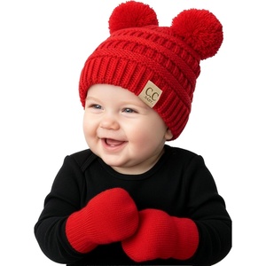 image:imageFunky Junque Baby Double Faux Fur Pom Pom Beanie amp Mittens Set  Newborn Infant 09 Months Winter Hat with Soft Lined MittensRed 09 Months