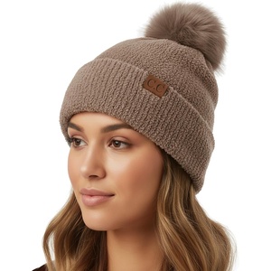image:imageFunky Junque Beanie for Women Ultra Soft Chenille Faux Fur Pom Pom Winter Hats Warm Ski Cap FashionTerry Chenille  Taupe