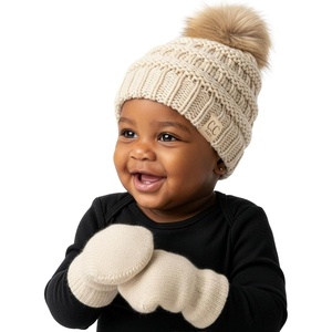 image:imageFunky Junque Cozy Infant Pom Pom Beanie amp Fleece Lined Mitten Winter SetBeige Faux Fur Pom 09 Mo