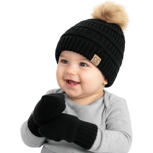 image:imageFunky Junque Cozy Infant Pom Pom Beanie amp Fleece Lined Mitten Winter SetBlack Faux Fur Pom 09 Mo