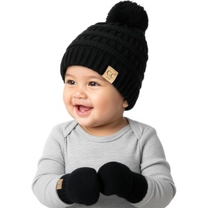 image:imageFunky Junque Cozy Infant Pom Pom Beanie amp Fleece Lined Mitten Winter SetBlack String Pom 09 Mo