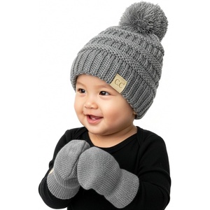 image:imageFunky Junque Cozy Infant Pom Pom Beanie amp Fleece Lined Mitten Winter SetHeather Grey String Pom 09 Mo