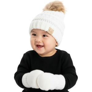 image:imageFunky Junque Cozy Infant Pom Pom Beanie amp Fleece Lined Mitten Winter SetIvory Faux Fur Pom 09 Mo