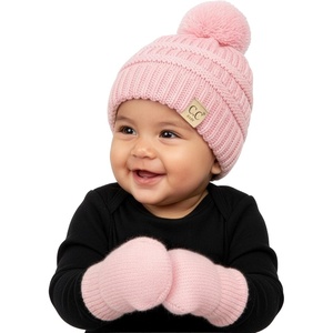 image:imageFunky Junque Cozy Infant Pom Pom Beanie amp Fleece Lined Mitten Winter SetPale Pink String Pom 09 Mo