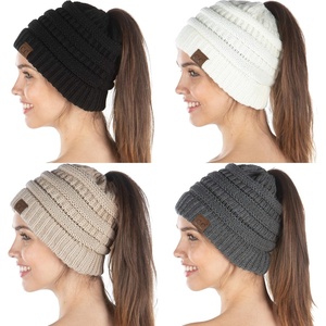 image:imageFunky Junque Exclusives Ponytail Beanie for Women  Cable Knit Womens Winter Hat High Pony Tail Running Beanies4 Pack  Black  Ivory  Warm Beige   Charcoal