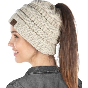 image:imageFunky Junque Exclusives Ponytail Beanie for Women  Cable Knit Womens Winter Hat High Pony Tail Running BeaniesBeige