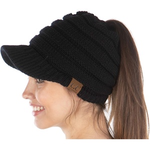 image:imageFunky Junque Exclusives Ponytail Beanie for Women  Cable Knit Womens Winter Hat High Pony Tail Running BeaniesBlack  Brim Cap