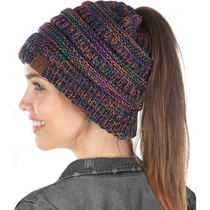 image:imageFunky Junque Exclusives Ponytail Beanie for Women  Cable Knit Womens Winter Hat High Pony Tail Running BeaniesBlack  Purple  Orange  Teal  4 Tone Mix
