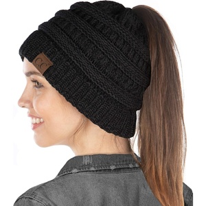 image:imageFunky Junque Exclusives Ponytail Beanie for Women  Cable Knit Womens Winter Hat High Pony Tail Running BeaniesBlack  Tricolor Mix