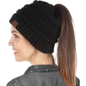 image:imageFunky Junque Exclusives Ponytail Beanie for Women  Cable Knit Womens Winter Hat High Pony Tail Running BeaniesBlack