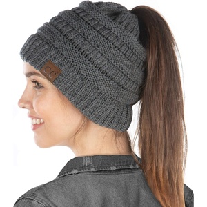 image:imageFunky Junque Exclusives Ponytail Beanie for Women  Cable Knit Womens Winter Hat High Pony Tail Running BeaniesCharcoal