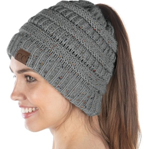 image:imageFunky Junque Exclusives Ponytail Beanie for Women  Cable Knit Womens Winter Hat High Pony Tail Running BeaniesDove Grey  Confetti
