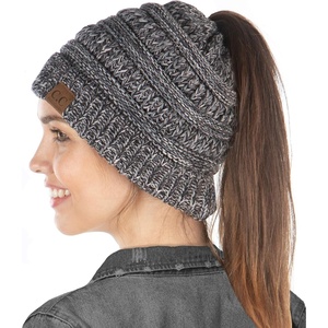 image:imageFunky Junque Exclusives Ponytail Beanie for Women  Cable Knit Womens Winter Hat High Pony Tail Running BeaniesGrey  Black  Beige  French Beige  4 Tone Mix