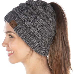 image:imageFunky Junque Exclusives Ponytail Beanie for Women  Cable Knit Womens Winter Hat High Pony Tail Running BeaniesGrey  Tricolor Mix