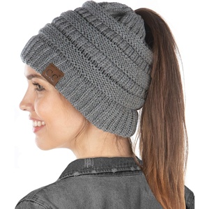 image:imageFunky Junque Exclusives Ponytail Beanie for Women  Cable Knit Womens Winter Hat High Pony Tail Running BeaniesHeather Grey