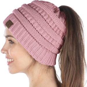 image:imageFunky Junque Exclusives Ponytail Beanie for Women  Cable Knit Womens Winter Hat High Pony Tail Running BeaniesIndi Pink