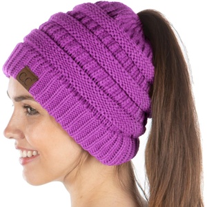 image:imageFunky Junque Exclusives Ponytail Beanie for Women  Cable Knit Womens Winter Hat High Pony Tail Running BeaniesLavender