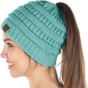 image:imageFunky Junque Exclusives Ponytail Beanie for Women  Cable Knit Womens Winter Hat High Pony Tail Running BeaniesMint