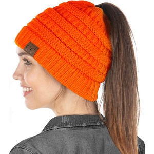 image:imageFunky Junque Exclusives Ponytail Beanie for Women  Cable Knit Womens Winter Hat High Pony Tail Running BeaniesNeon Orange