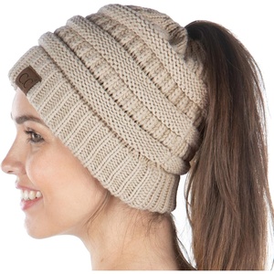 image:imageFunky Junque Exclusives Ponytail Beanie for Women  Cable Knit Womens Winter Hat High Pony Tail Running BeaniesNew Beige
