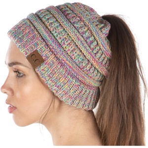 image:imageFunky Junque Exclusives Ponytail Beanie for Women  Cable Knit Womens Winter Hat High Pony Tail Running BeaniesPink  Yellow  Hot Pink  Teal  4 Tone Mix