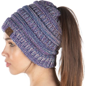 image:imageFunky Junque Exclusives Ponytail Beanie for Women  Cable Knit Womens Winter Hat High Pony Tail Running BeaniesPurple  Navy  Dark Denim  Beige  4 Tone Mix